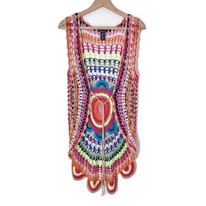 F21 Long Colorful Rainbow 70’s Style Crochet Vest